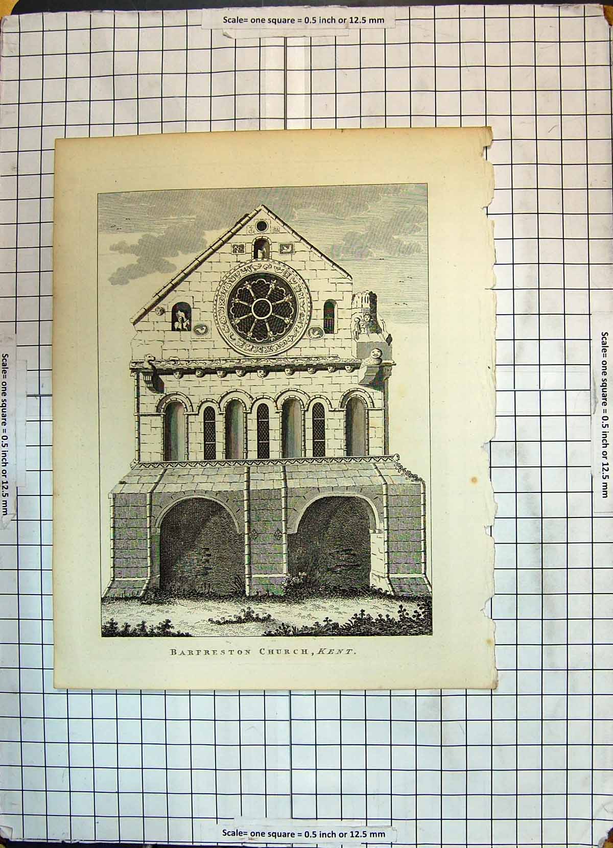 Original Old Antique Print Architecture Barfreston Church Kent England