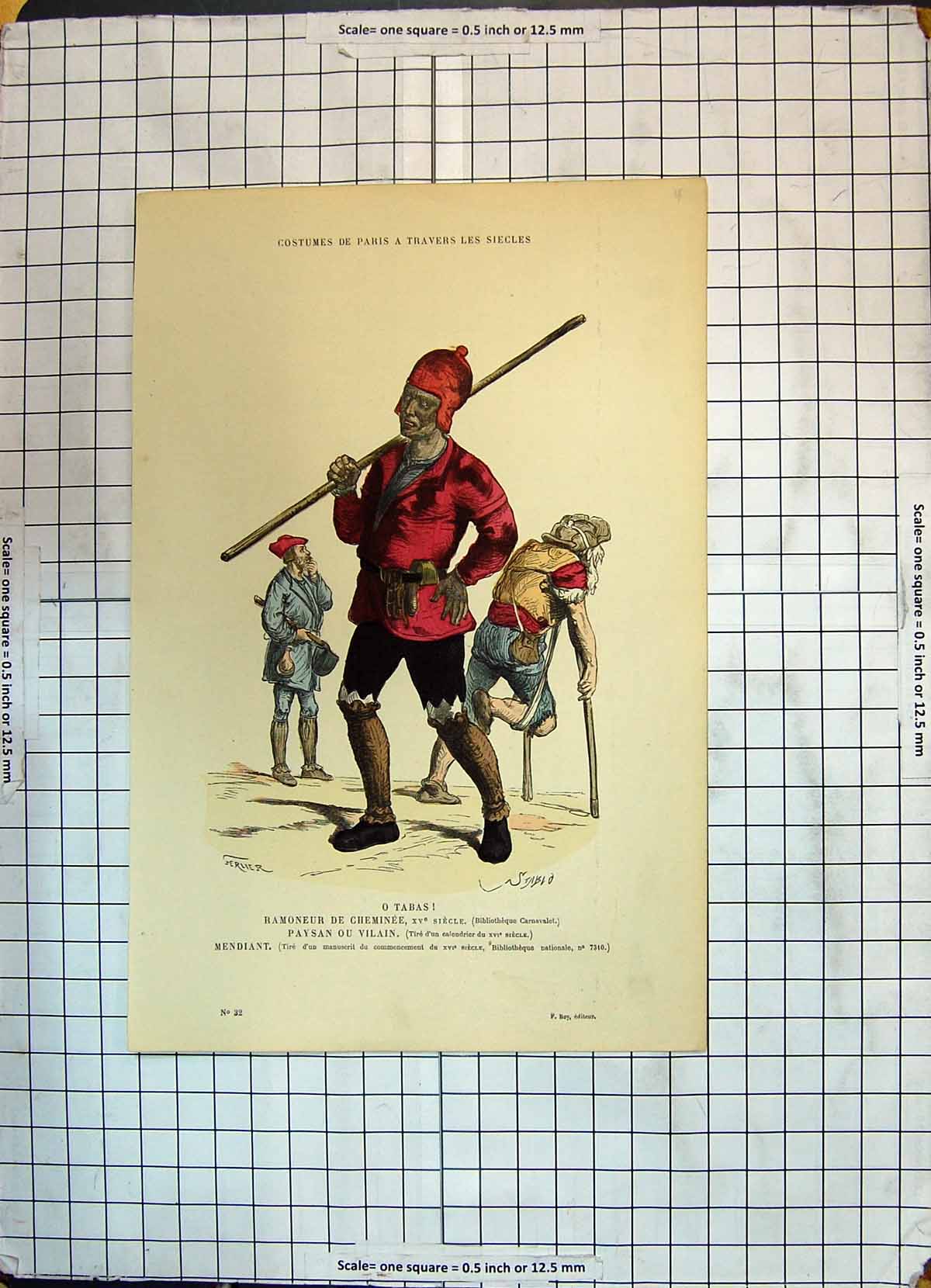 Old Print Colour Ramoneur Cheminee Paysan Vilain Costumes Paris Mendiant