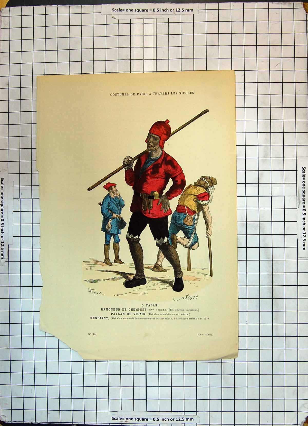 Old Print Colour Ramoneur Cheminee Paysan Vilain Mendiant Costumes Paris