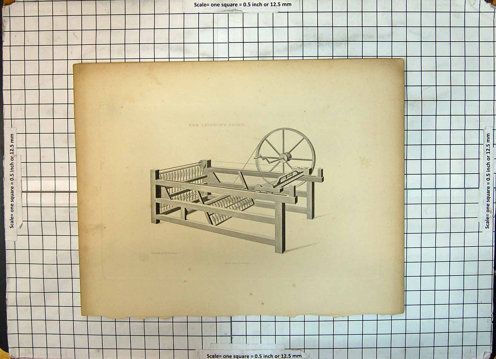 Original Old Antique Print Spinning Jenny Machinery Instrument