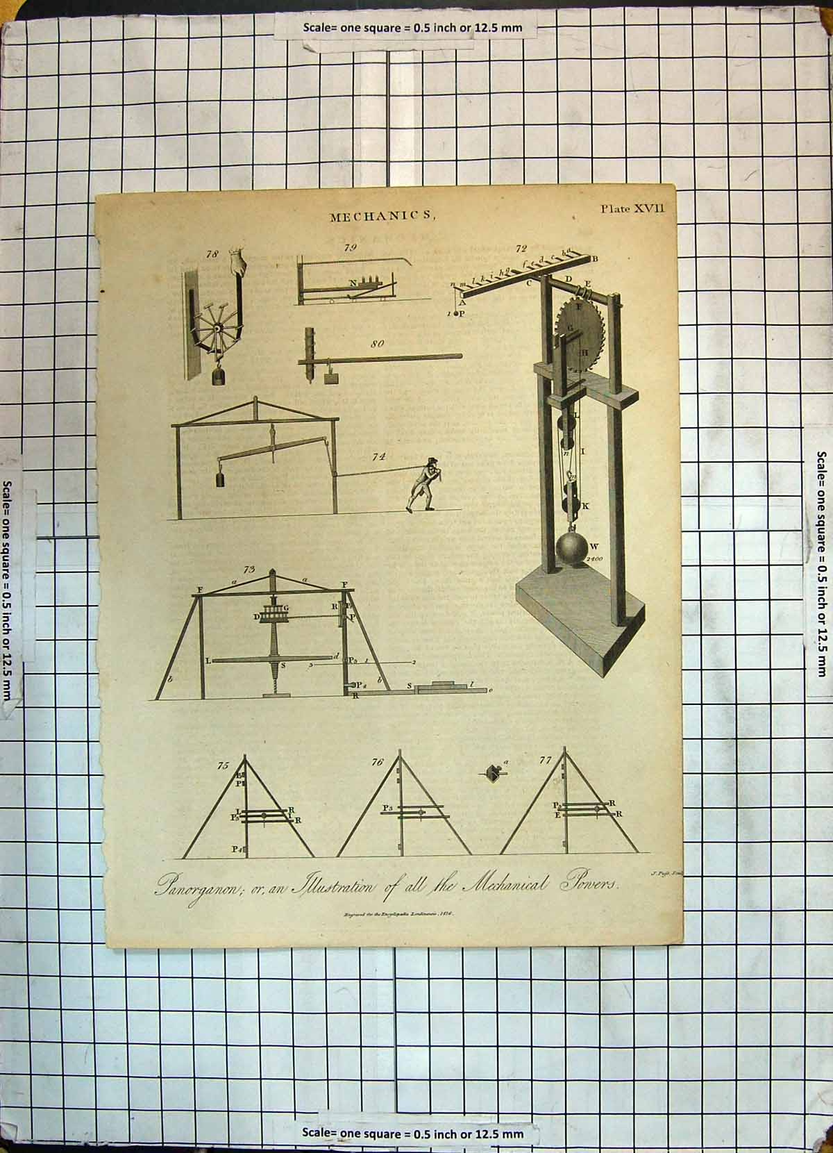 Antique Old Print Mechanics Panorganon Illustration Mechanical Powers 1816 19th