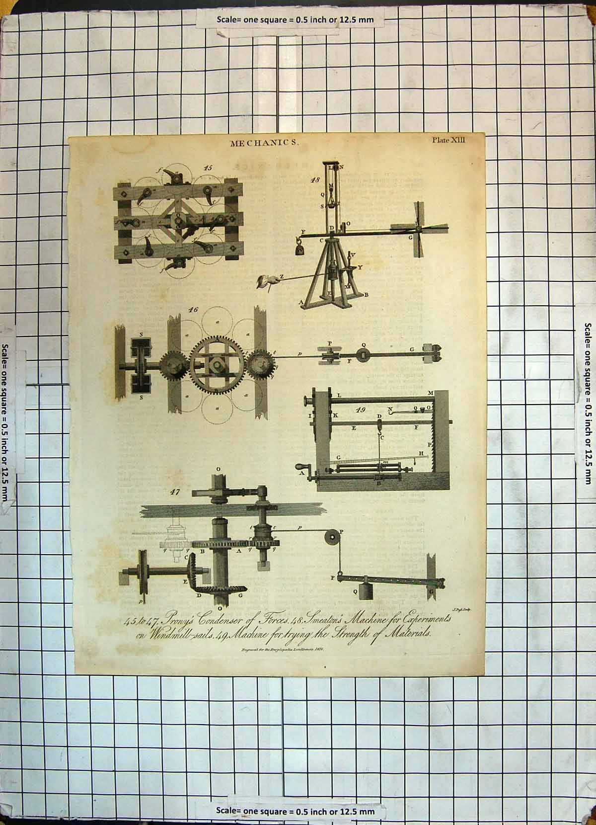 Antique Old Print Mechanics Pronys Condensor Forces Smeaton Machine Windmill