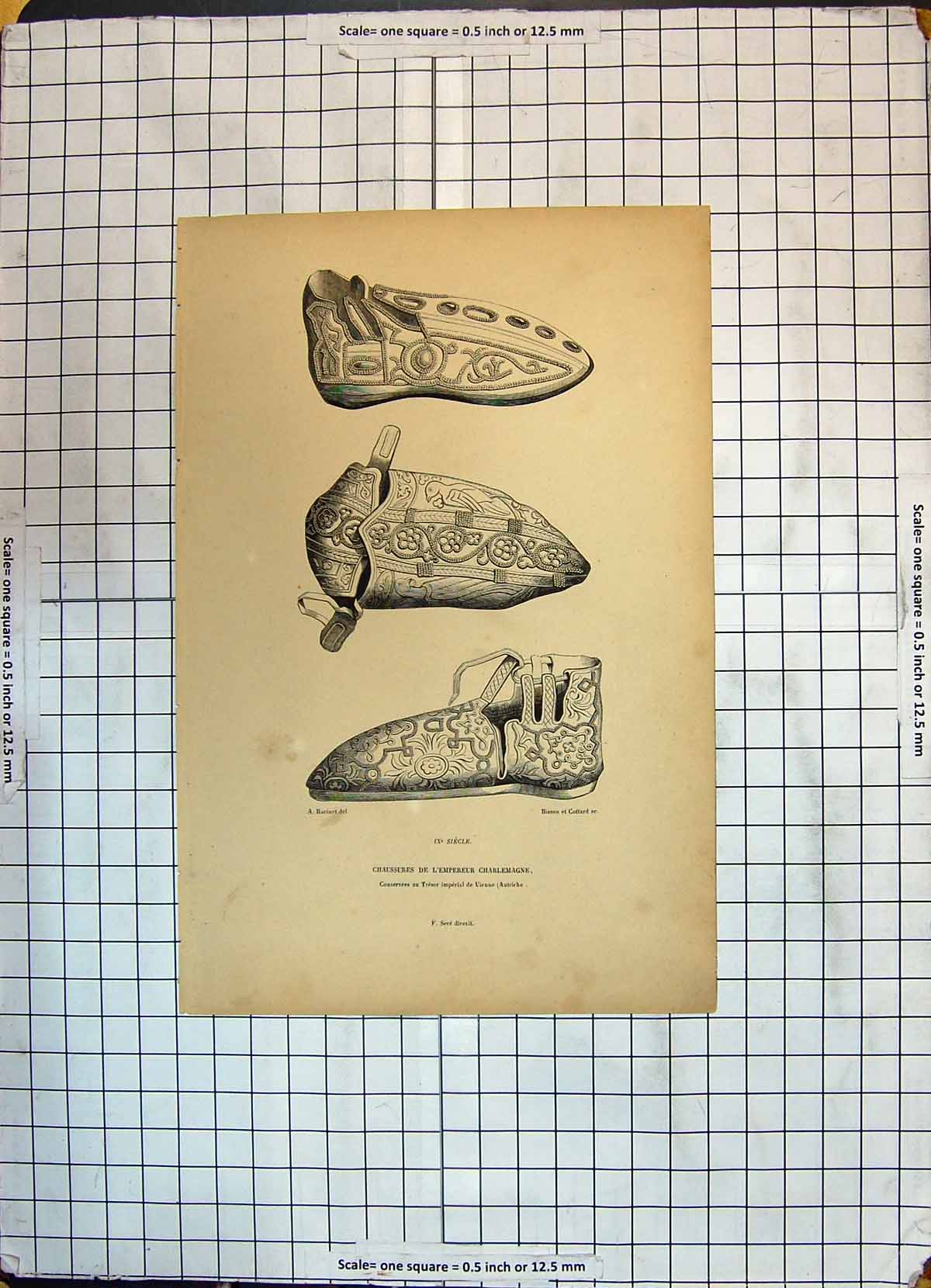 Original Old Antique Print Fashion Shoes Chaussures Charlemagne