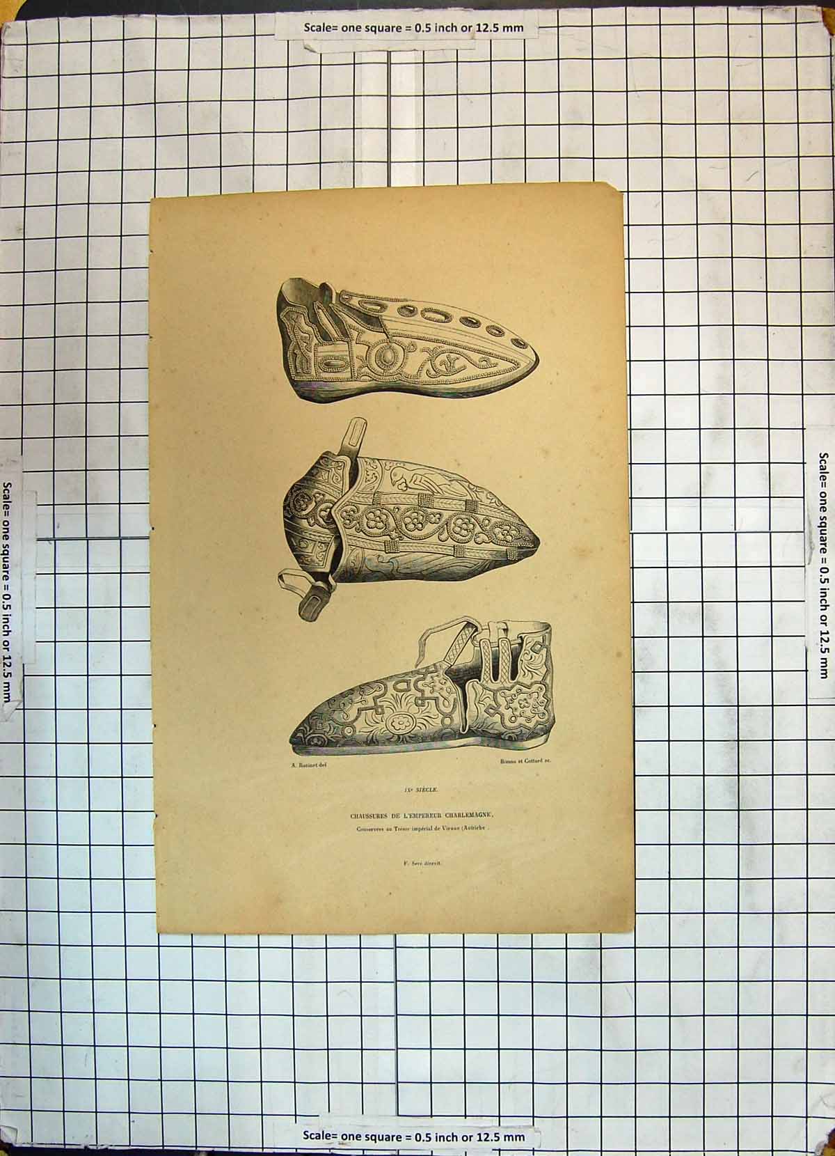 Original Old Antique Print Fashion Shoes Chaussures Charlemagne Bisson Cottard