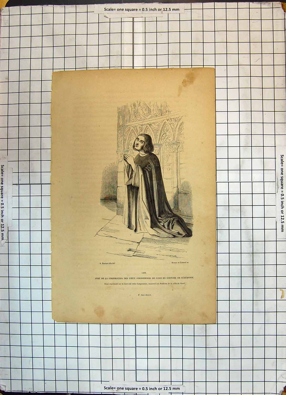 Antique Old Print Jure Corporation Vieux Cordonniers Costume Ceremonie Church