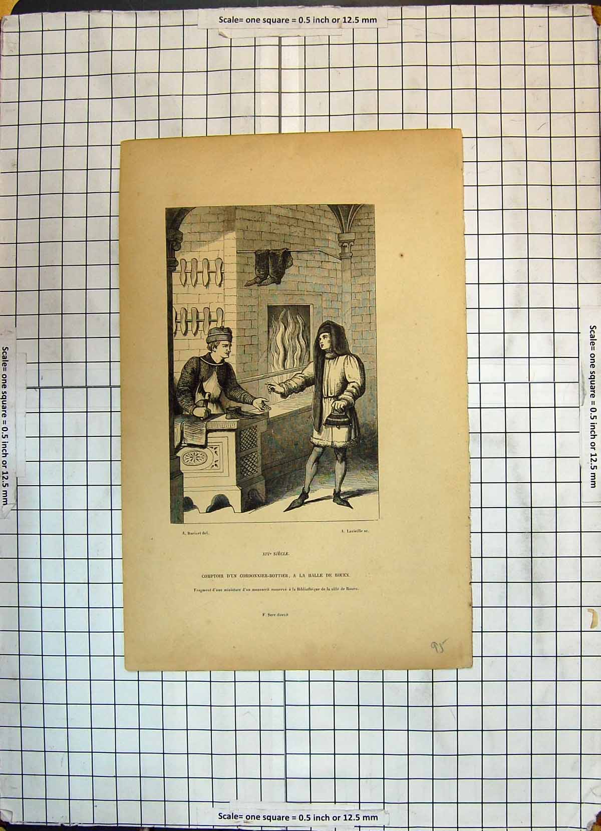 Old Print Comptoir Cordonnier Bottier Halle Rouen Man Shoe-Maker Industry 19th