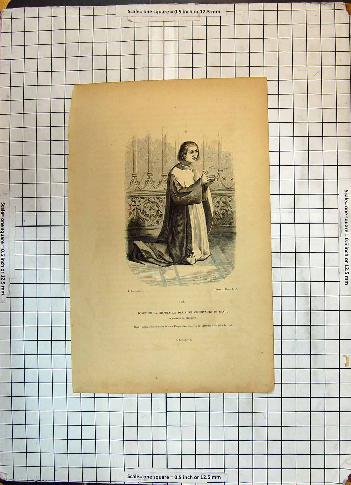 Original Old Antique Print Portrait Doven Corporation Cordonniers Gand Cottard