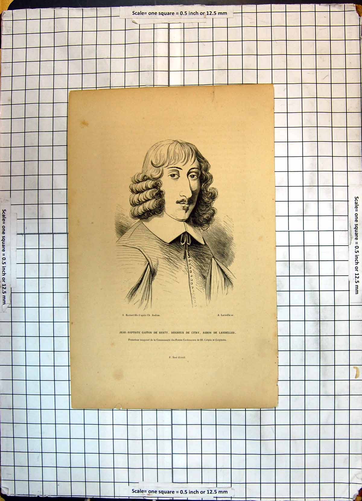 Antique Old Print Portrait Jean Baptiste De Renty Seigneur Baron Landelles 19th