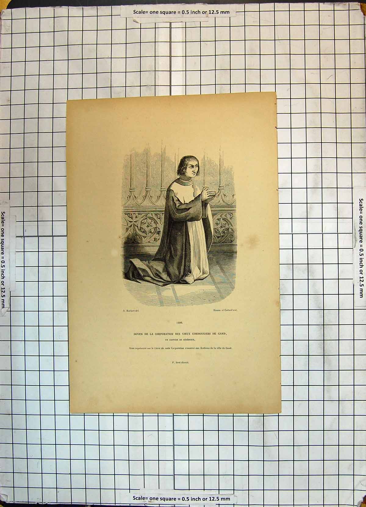 Old Antique Print Man Praying Doven Corporation Cordonniers Gand Cottard 20th