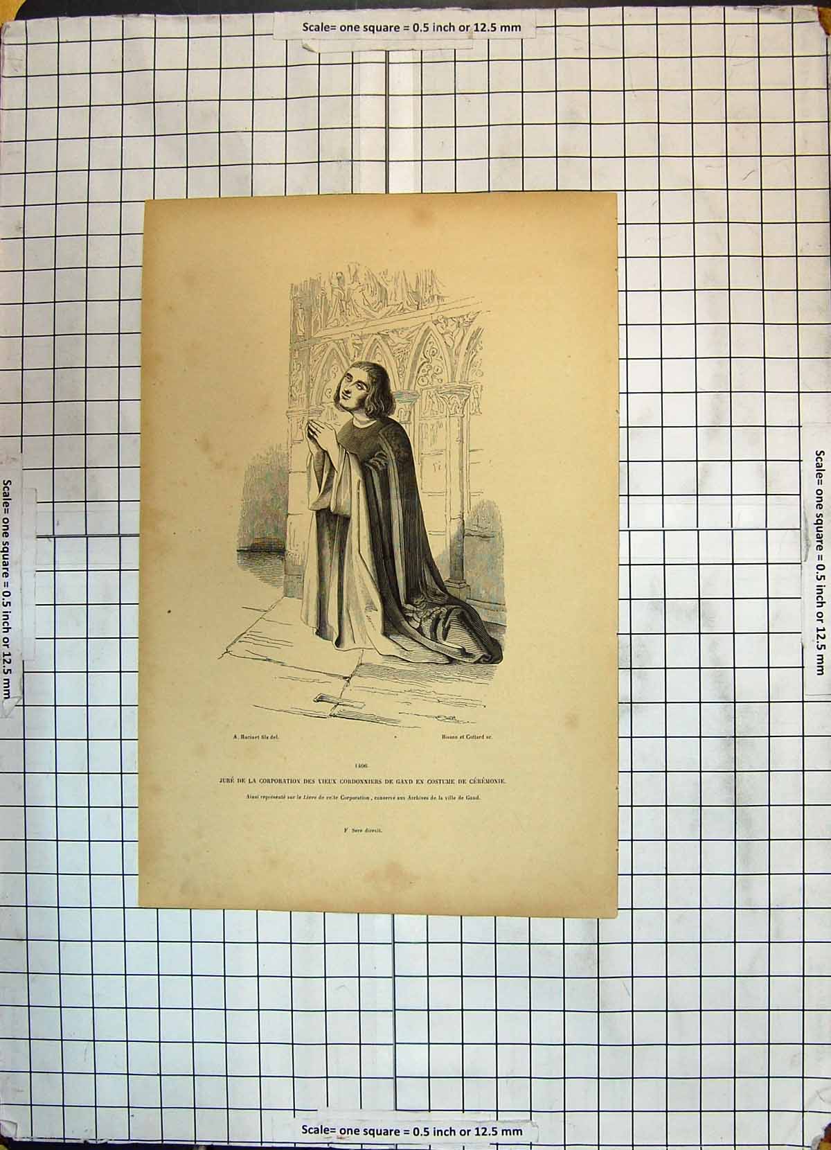 Old Print Man Praying Jure Corporation Vieux Cordonniers Costume Ceremony 20th