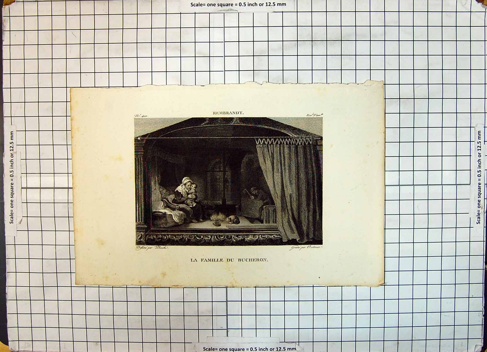 Antique Old Print Family Home Scene Famille Bucheron Children Cat Rembrandt