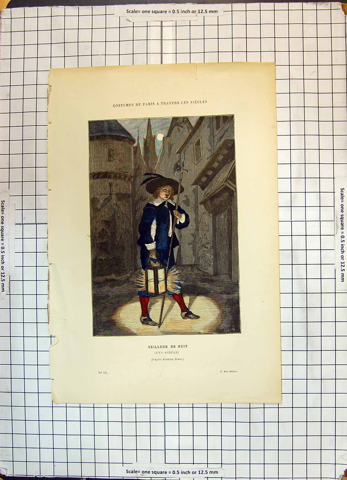 Antique Old Print Colour Veilleur De Nuit Paris Costumes Man Lamp Moonlight