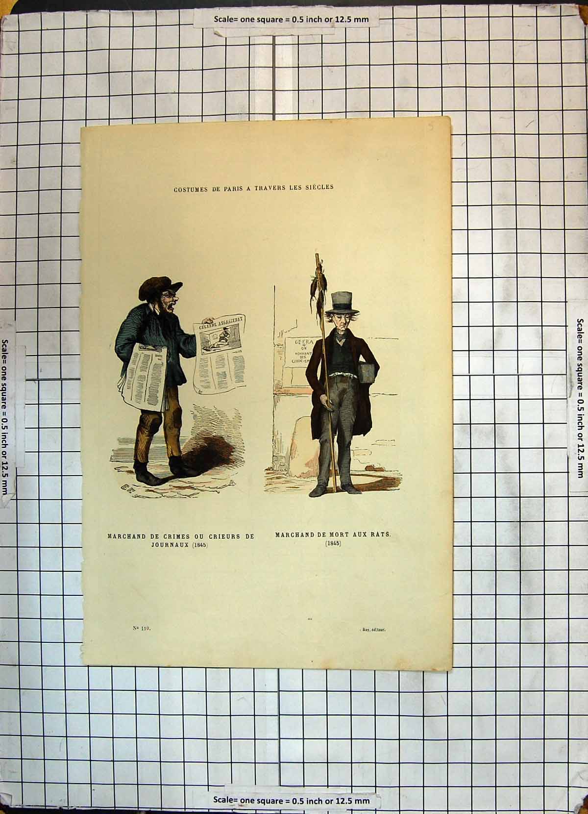 Antique Print Colour Costumes Paris Marchand Crimes Journaux Mort Aux Rats