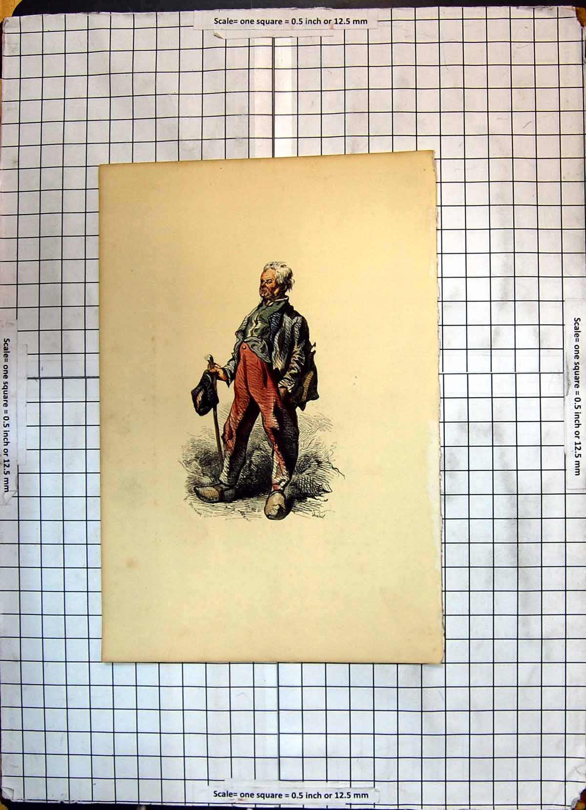 Original Old Antique Print Colour Man Costumes Cloggs Travelling Clothes Stick
