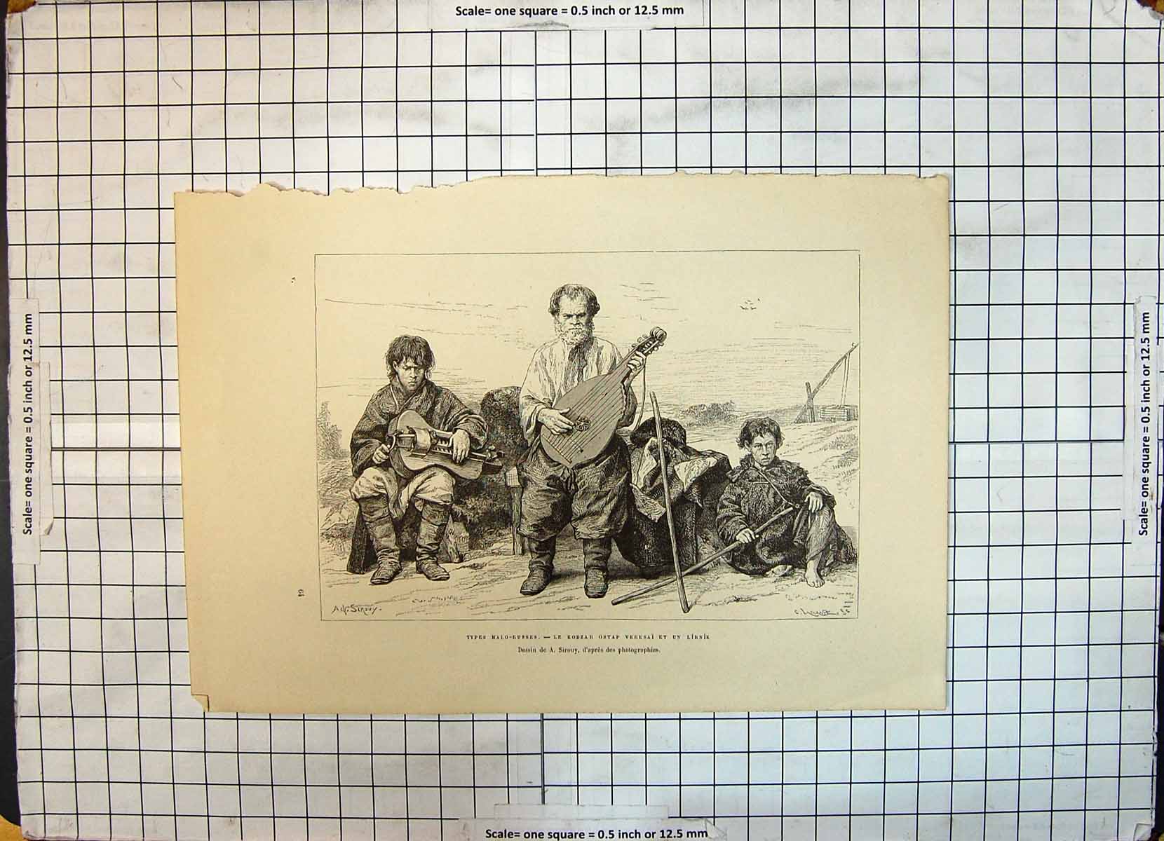 Antique Print Types Malo-Russes Kobzar Ostap Veresai Music Instruments Men