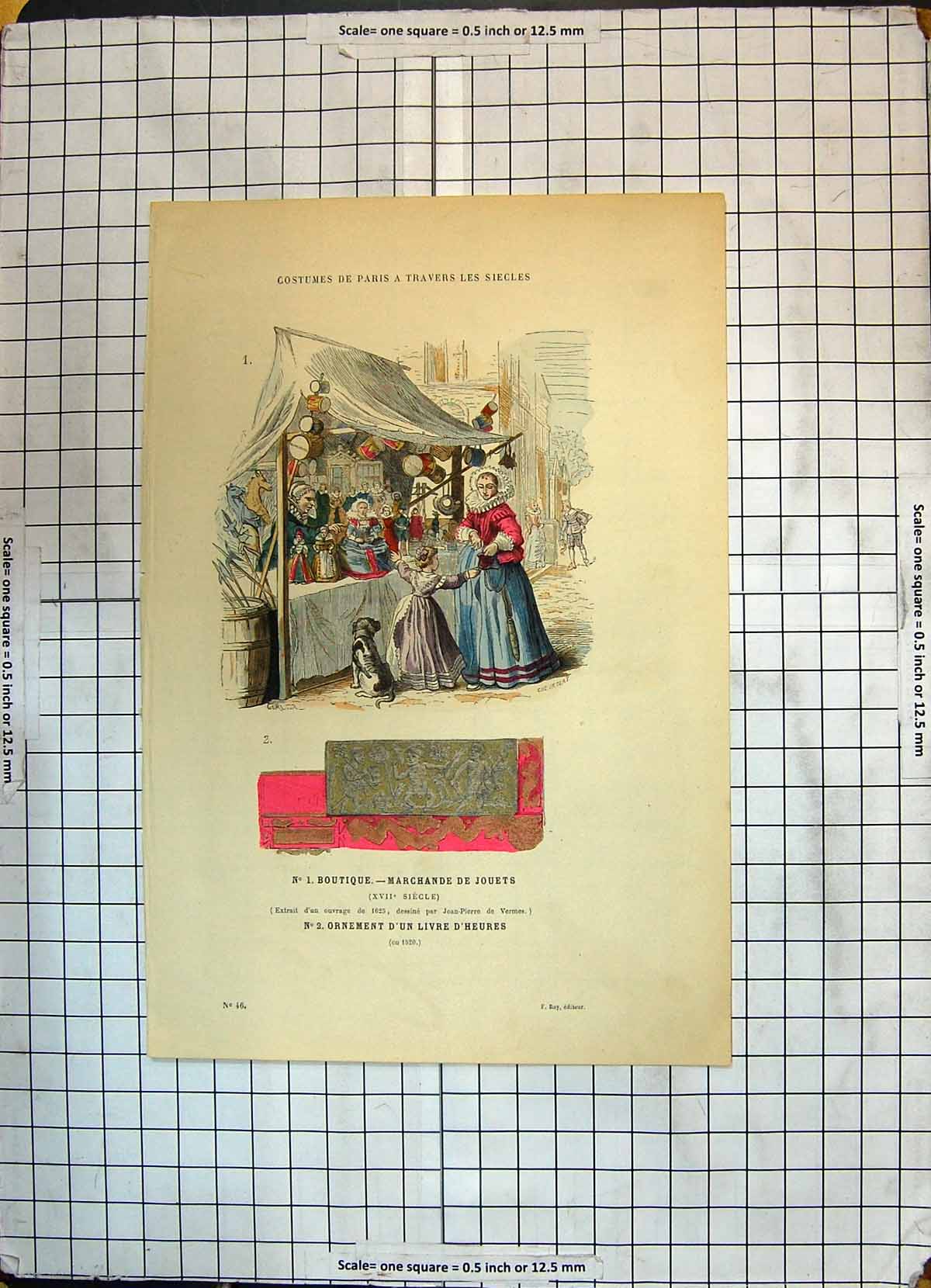 Antique Old Print Costumes Paris Boutique Marchand Jouets Ornement D'Heures