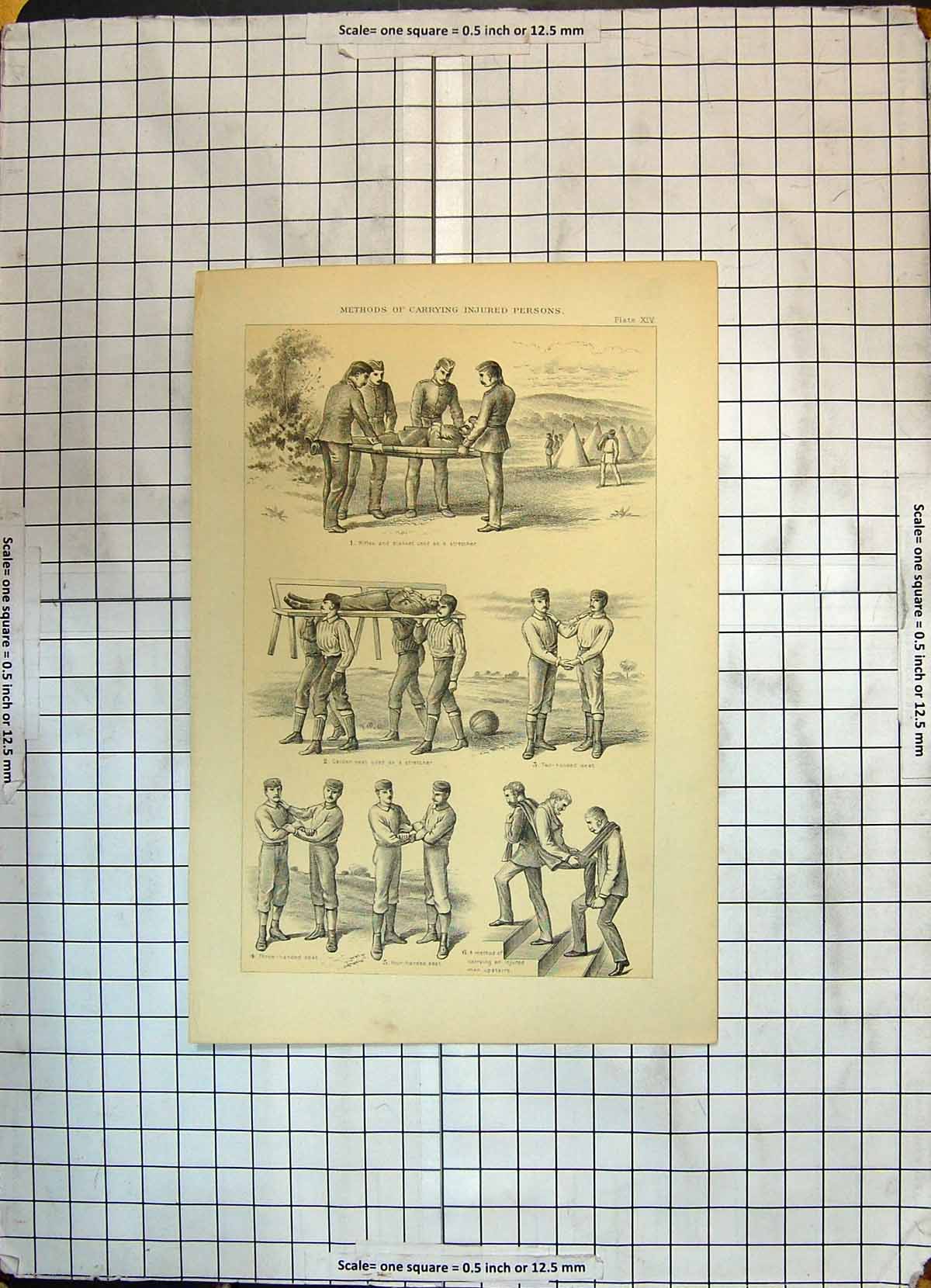 Old Antique Print War Siers Methods Carrying Injured Persons Stretchers