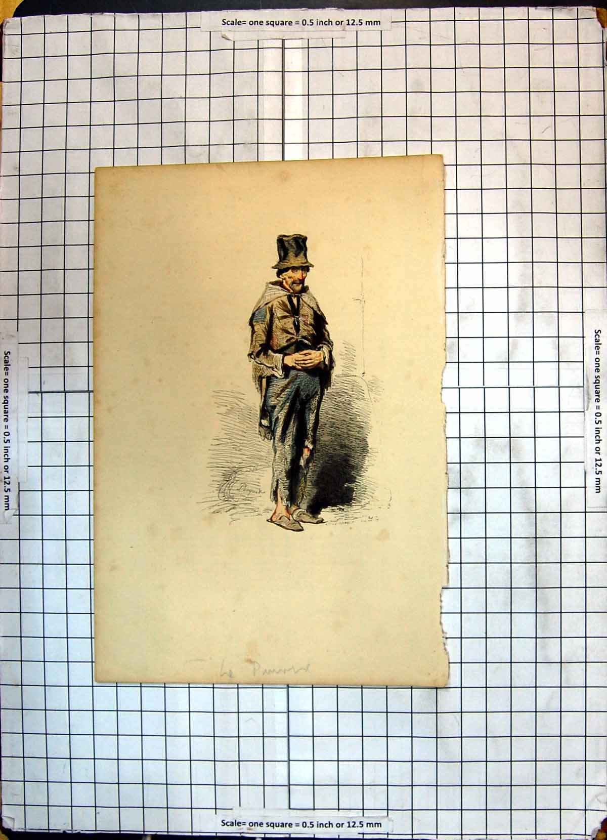 Original Old Antique Print Colour Poor Beggar Man Scruffy Ripped Clothes