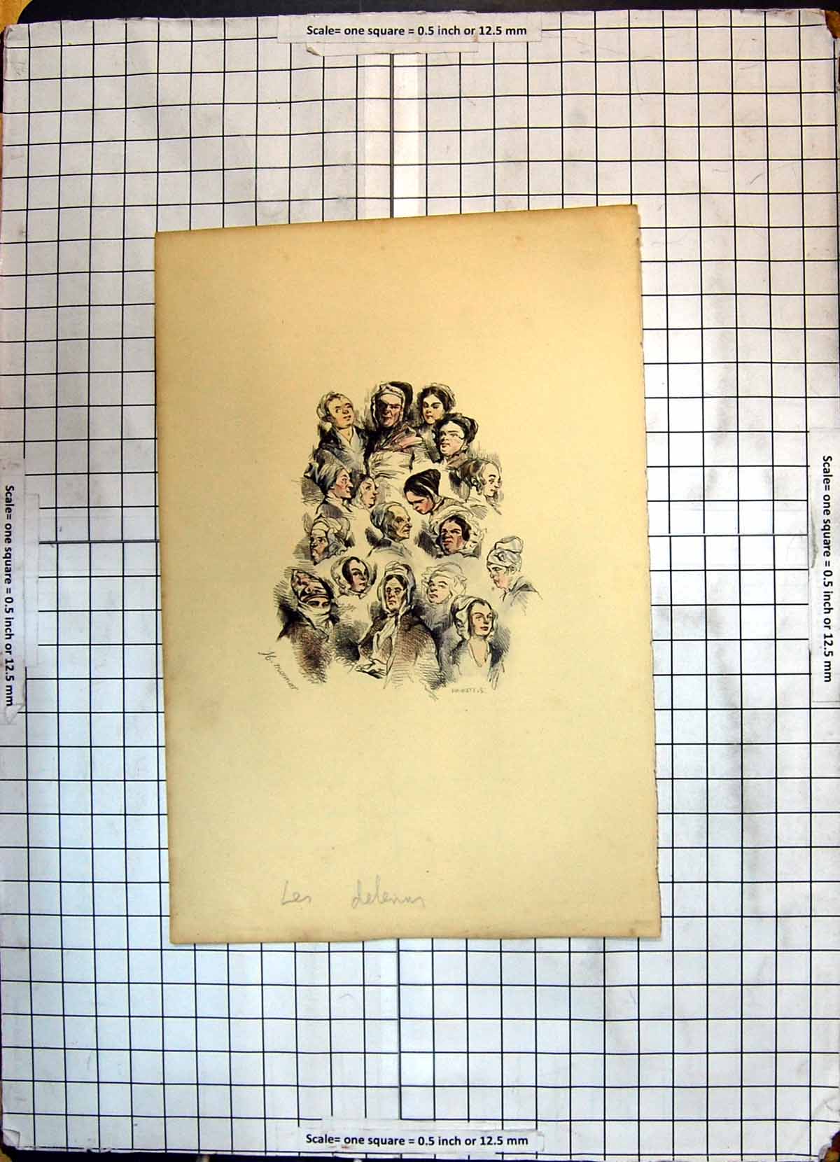 Original Old Antique Print Colour Delenun Faces Heads People Head-Dresses