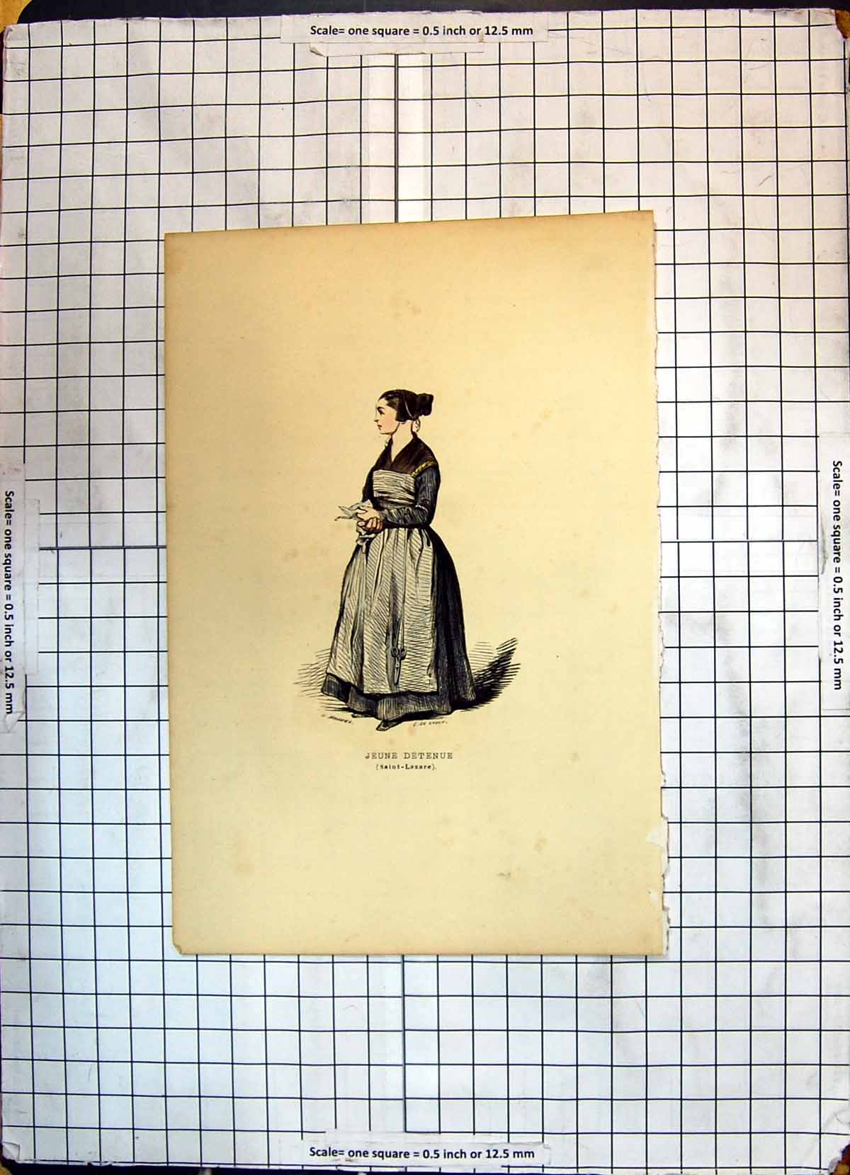 Old Antique Print Colour Jeune Detenue Saint-Lazare Beautiful Woman Dress