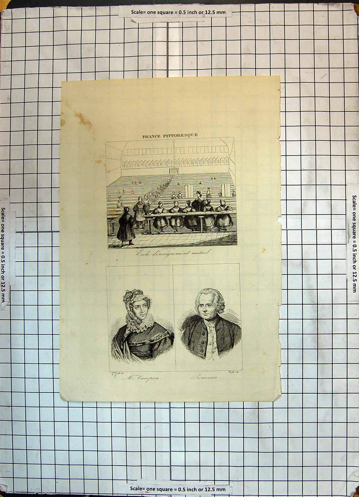 Original Old Antique Print France Portrait Campan Rousseau Ecole Pittoresque