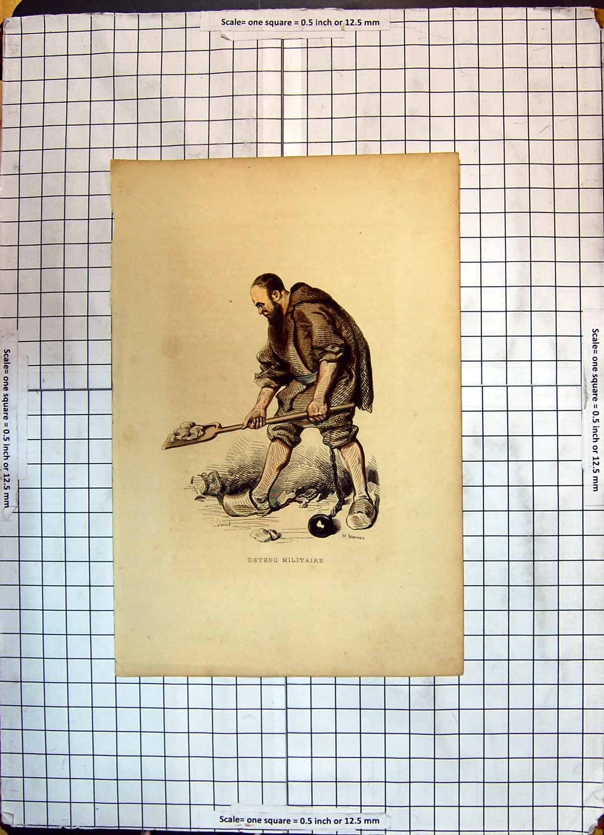 Old Antique Print Colour Detenu Militaire Prisoner Man Ball Chain Shovel