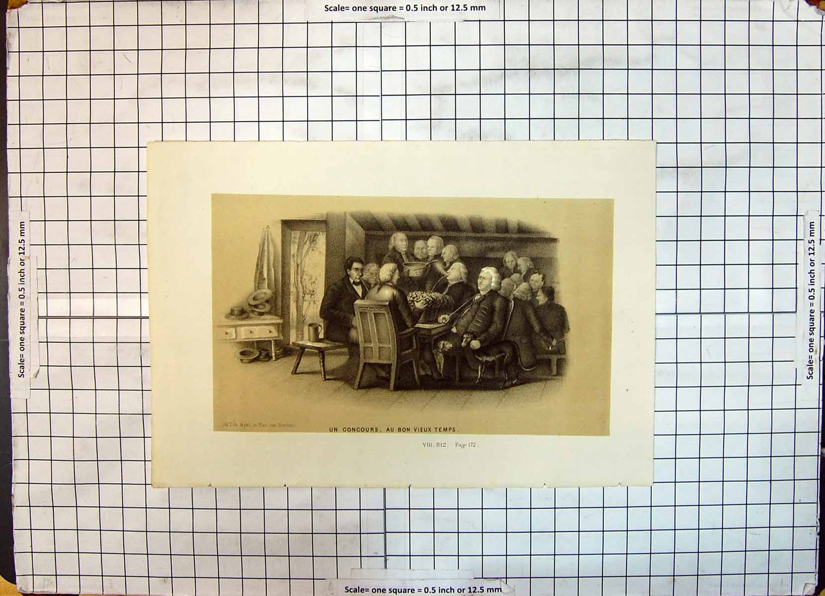 Antique Old Print Un Concours Bon Vieux Temps Men Meeting Dinner Table Dogs