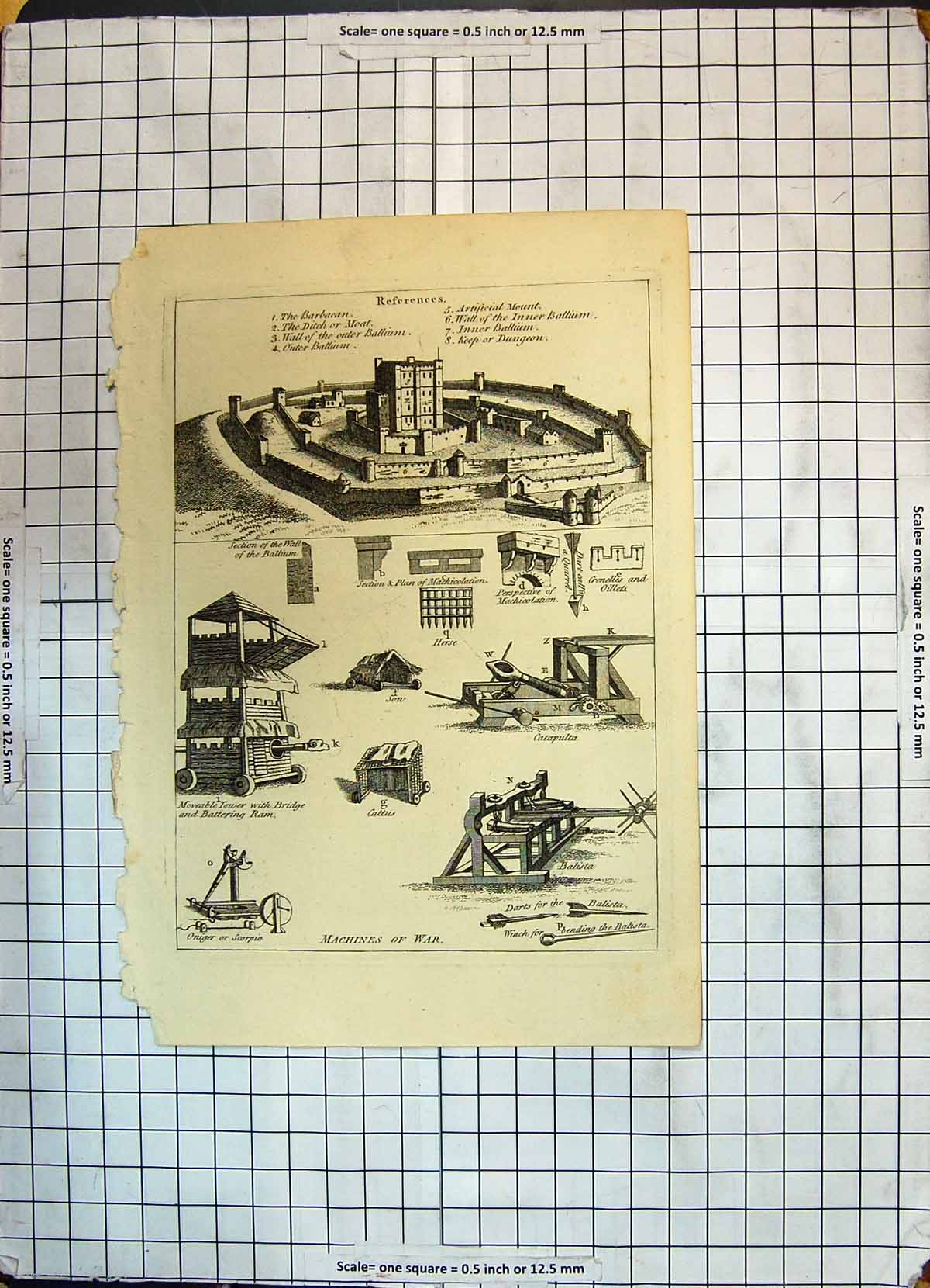 Antique Print Machines War Balista Barbacan Ballium Keep Dungeon Catapulta