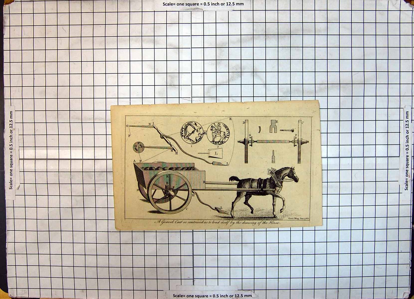 Original Old Antique Print Gravel Cart Contrived Load Itself Drawing Horse 1768