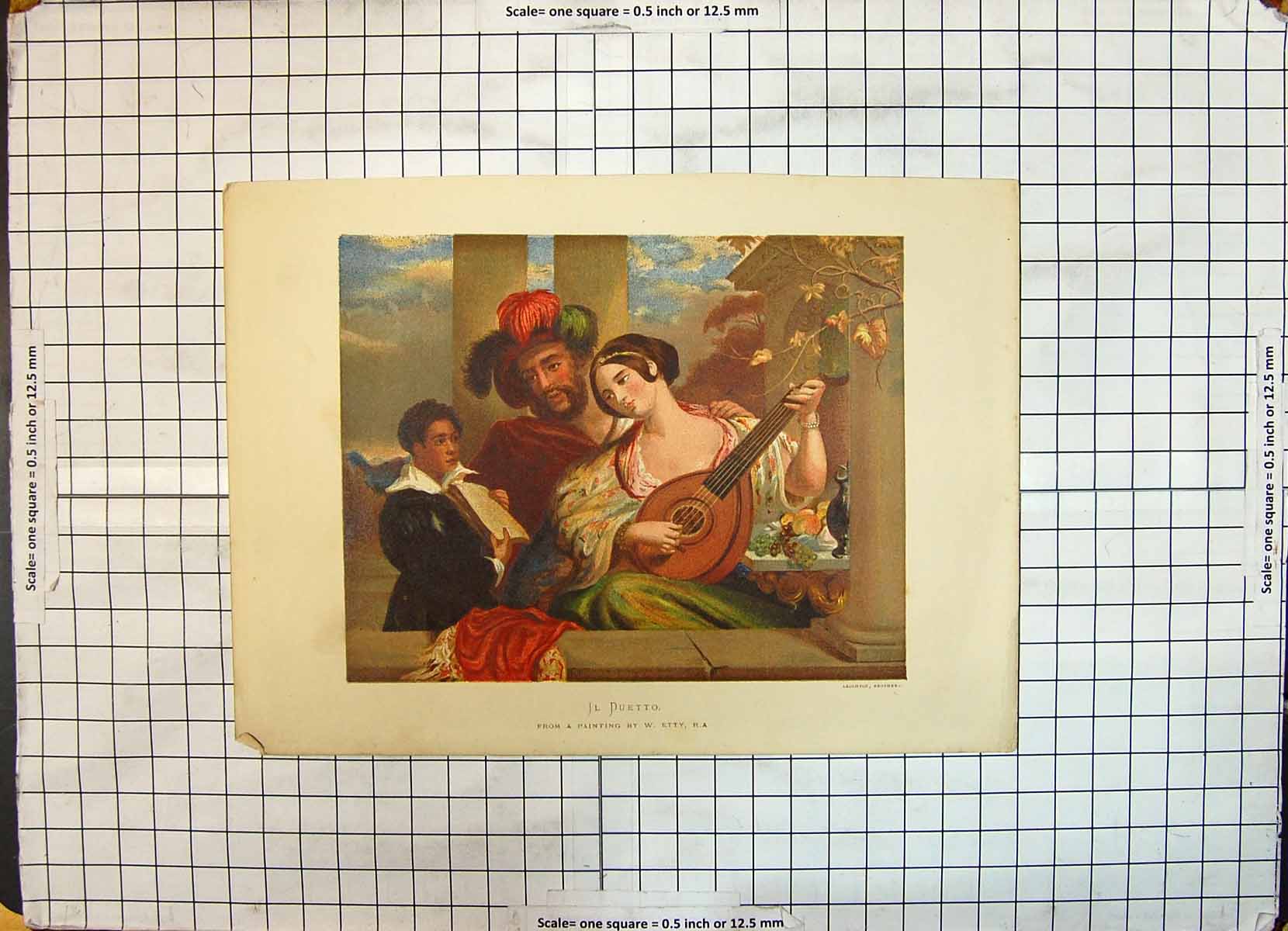 Original Old Antique Print Colour Duetto Beautiful Woman Music Man Book Romance
