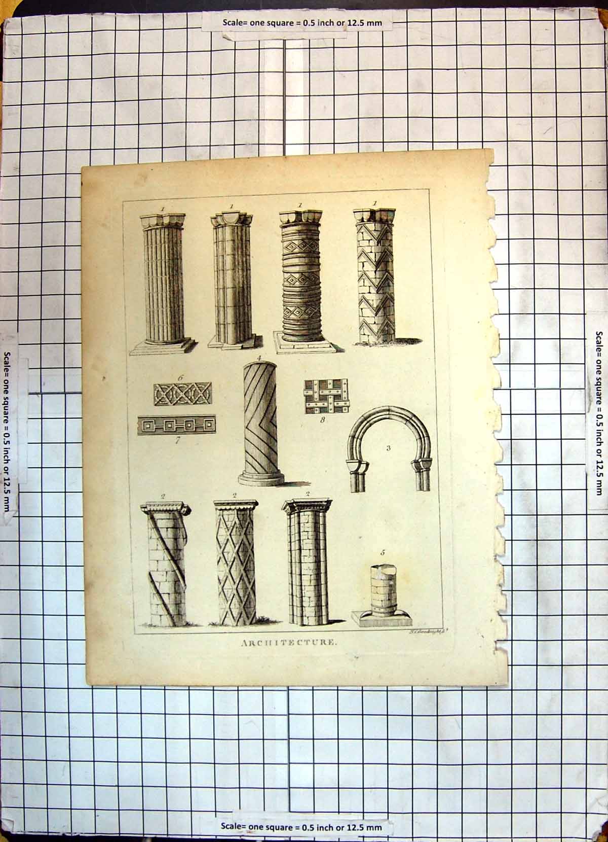 Original Old Antique Print Architecture Columns Pillars Shapes Goodnight