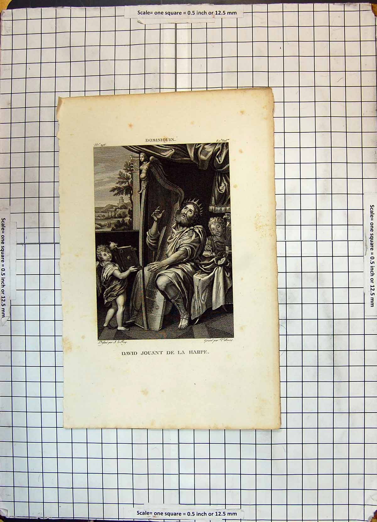 Original Old Antique Print David Jouant De La Harpe Music Dominiquin Vitteroy