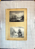 Antique Old Print Wild Fowl Shooting Sport Battle Ships War Man Smoking Pipe