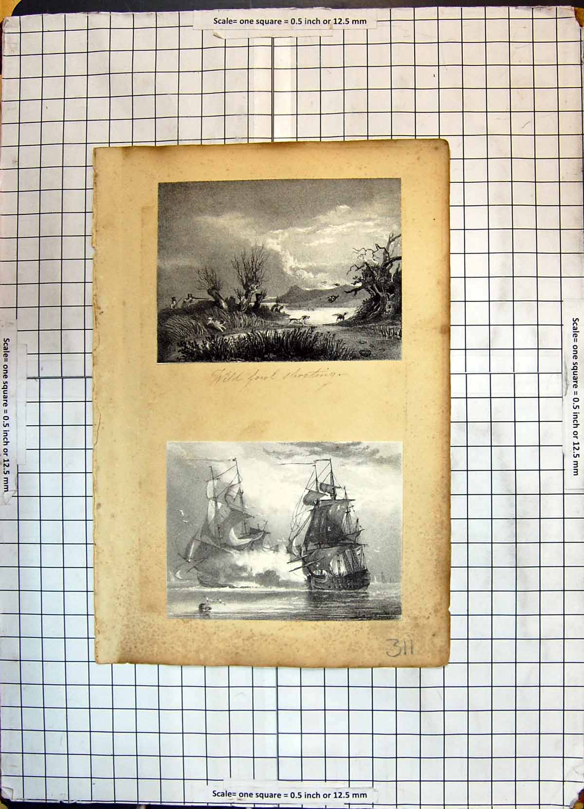 Antique Old Print Wild Fowl Shooting Sport Battle Ships War Man Smoking Pipe