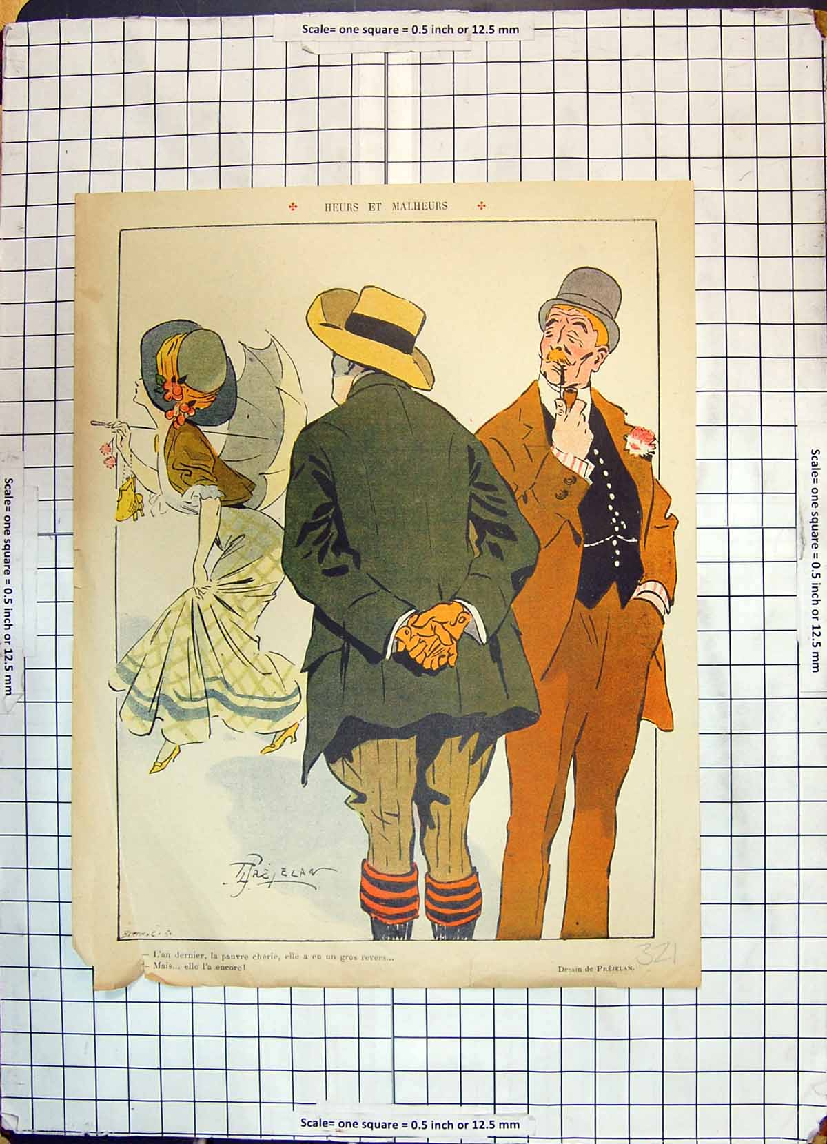 Old Print Colour Men Smoking Pipe Beautiful Lady Theatre Dress Newspaper