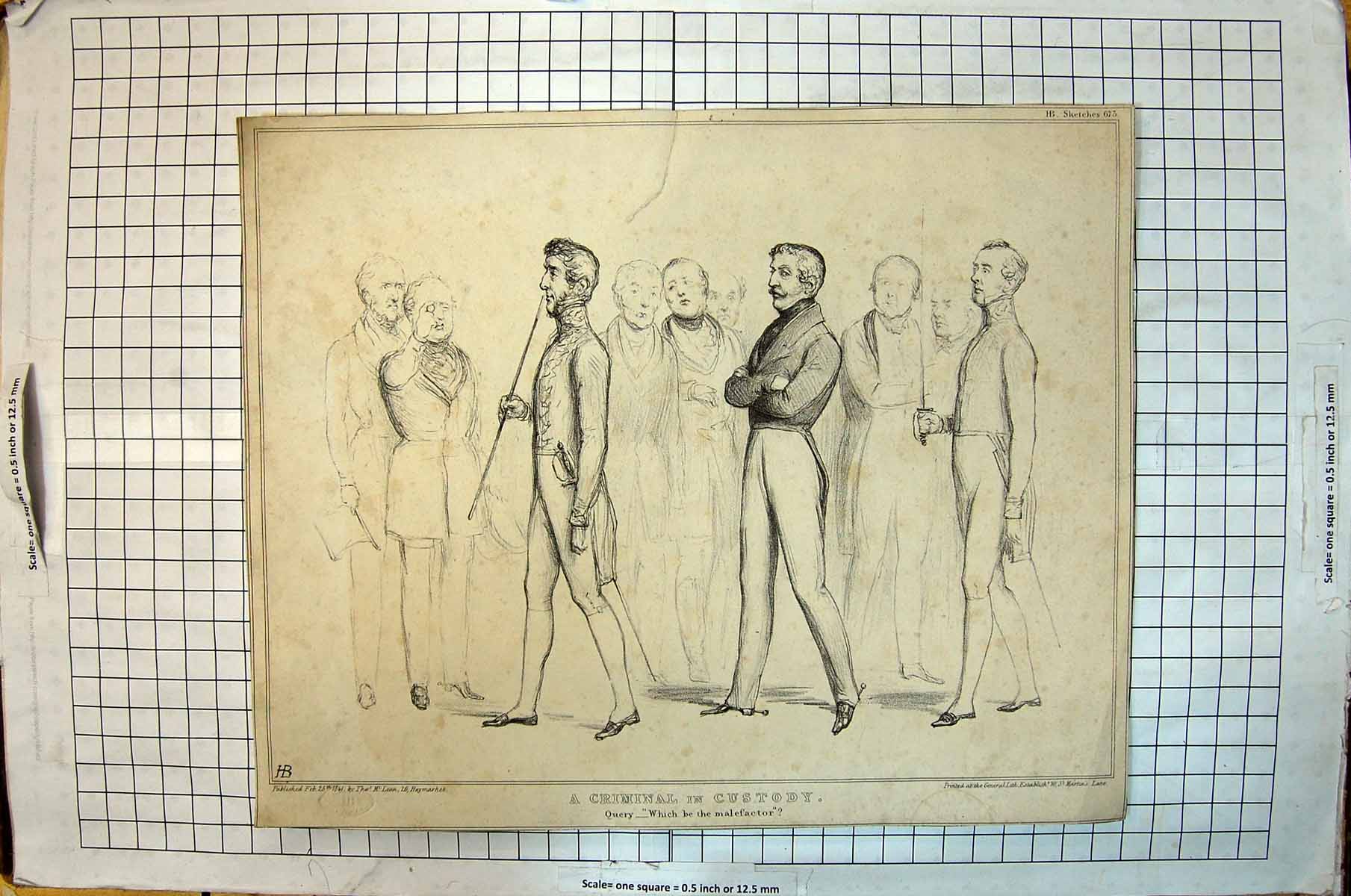 Original Old Antique Print 1841 Criminal In Custody Court Men Sketch Victorian