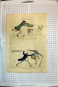 Old Antique Print 1845 Colour Scene Comedy Man Chasing Newspaper Feathers 19th