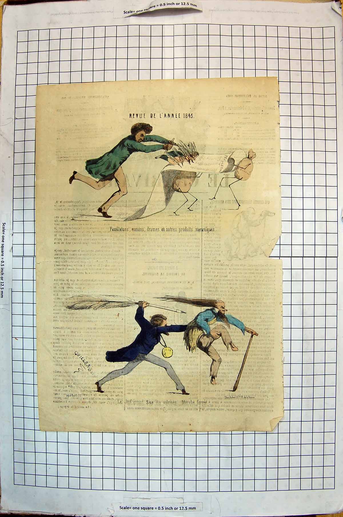 Old Antique Print 1845 Colour Scene Comedy Man Chasing Newspaper Feathers 19th