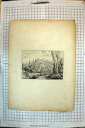 Original Old Antique Print Town Scene Architecture Trees Houses River Bridge
