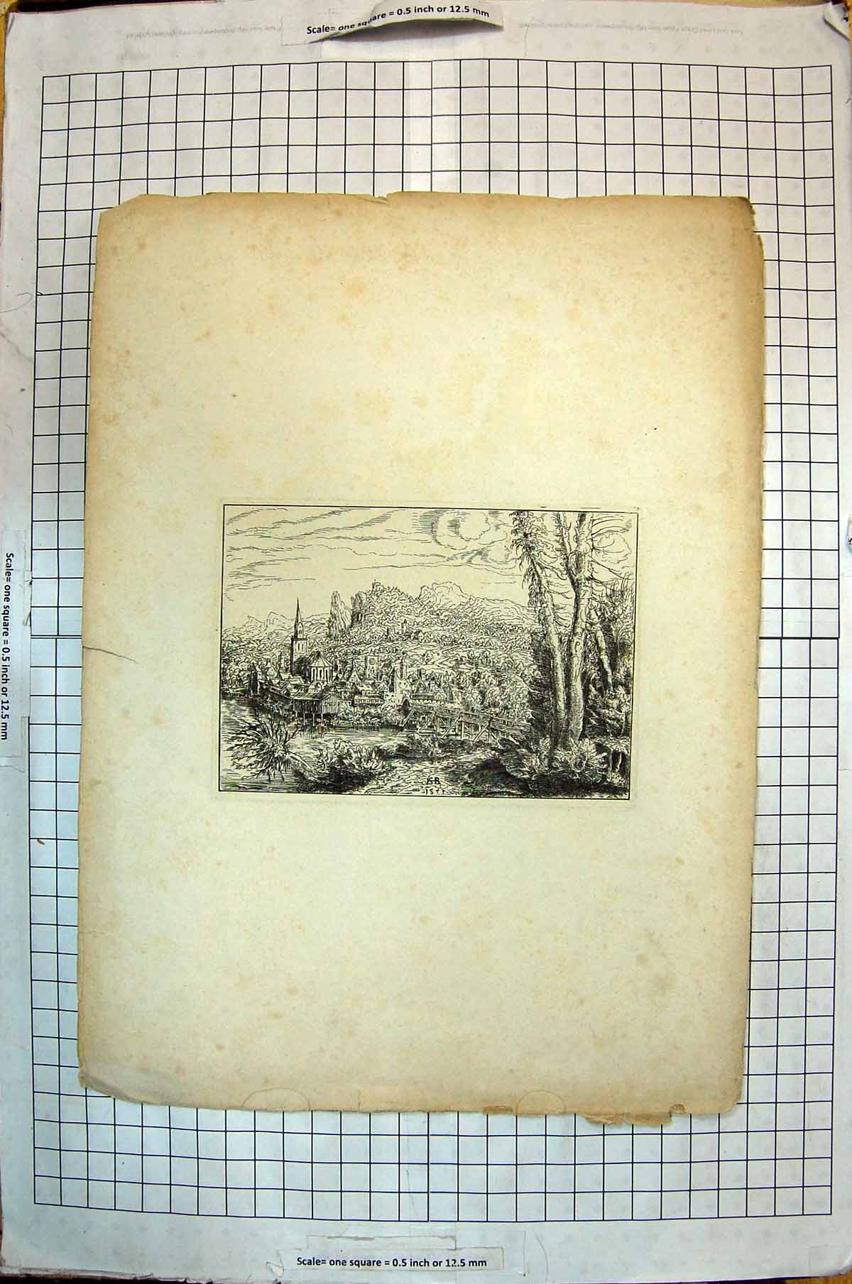 Original Old Antique Print Town Scene Architecture Trees Houses River Bridge