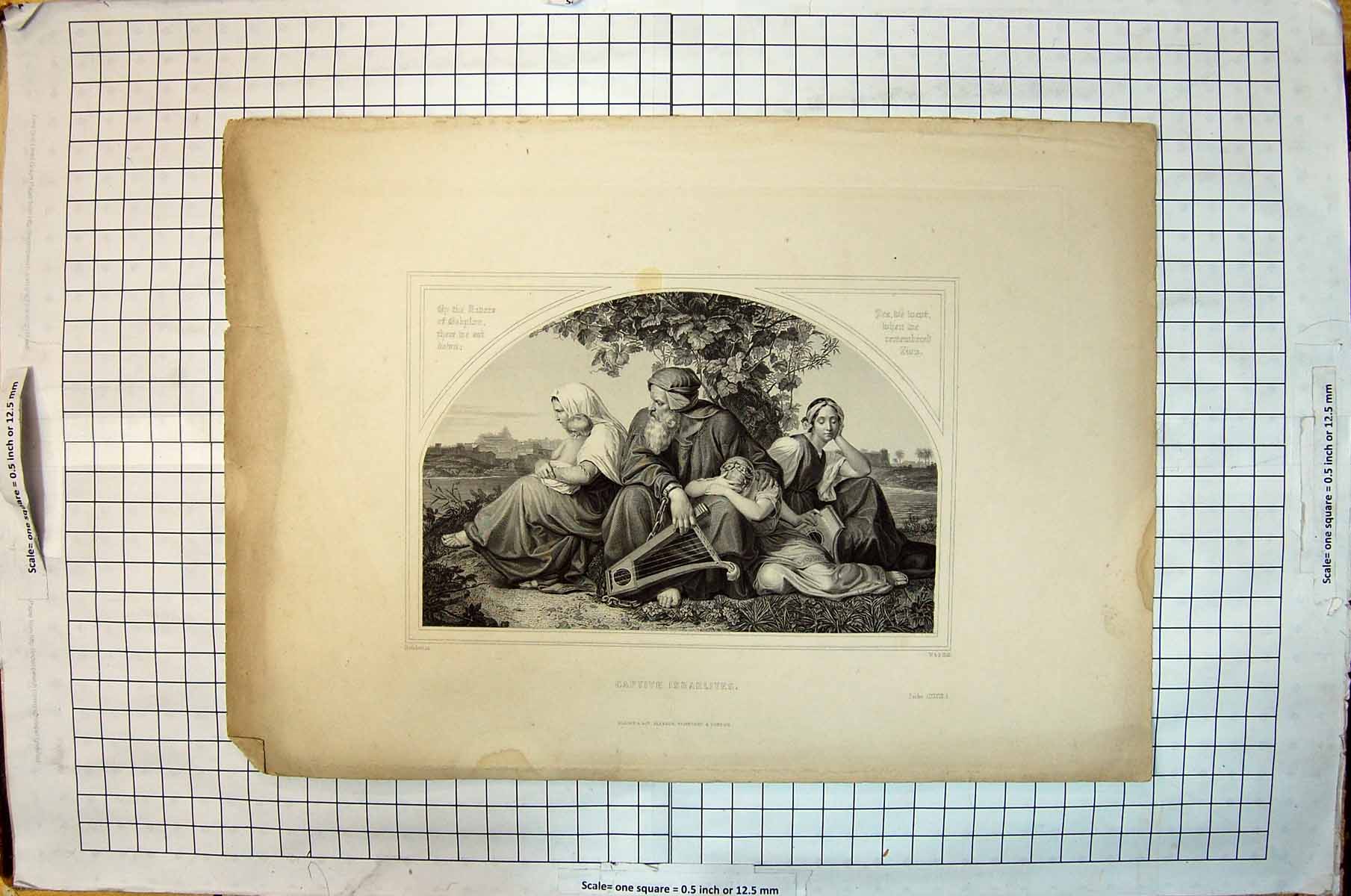 Original Old Antique Print Family Captive Israelites Children Engraving