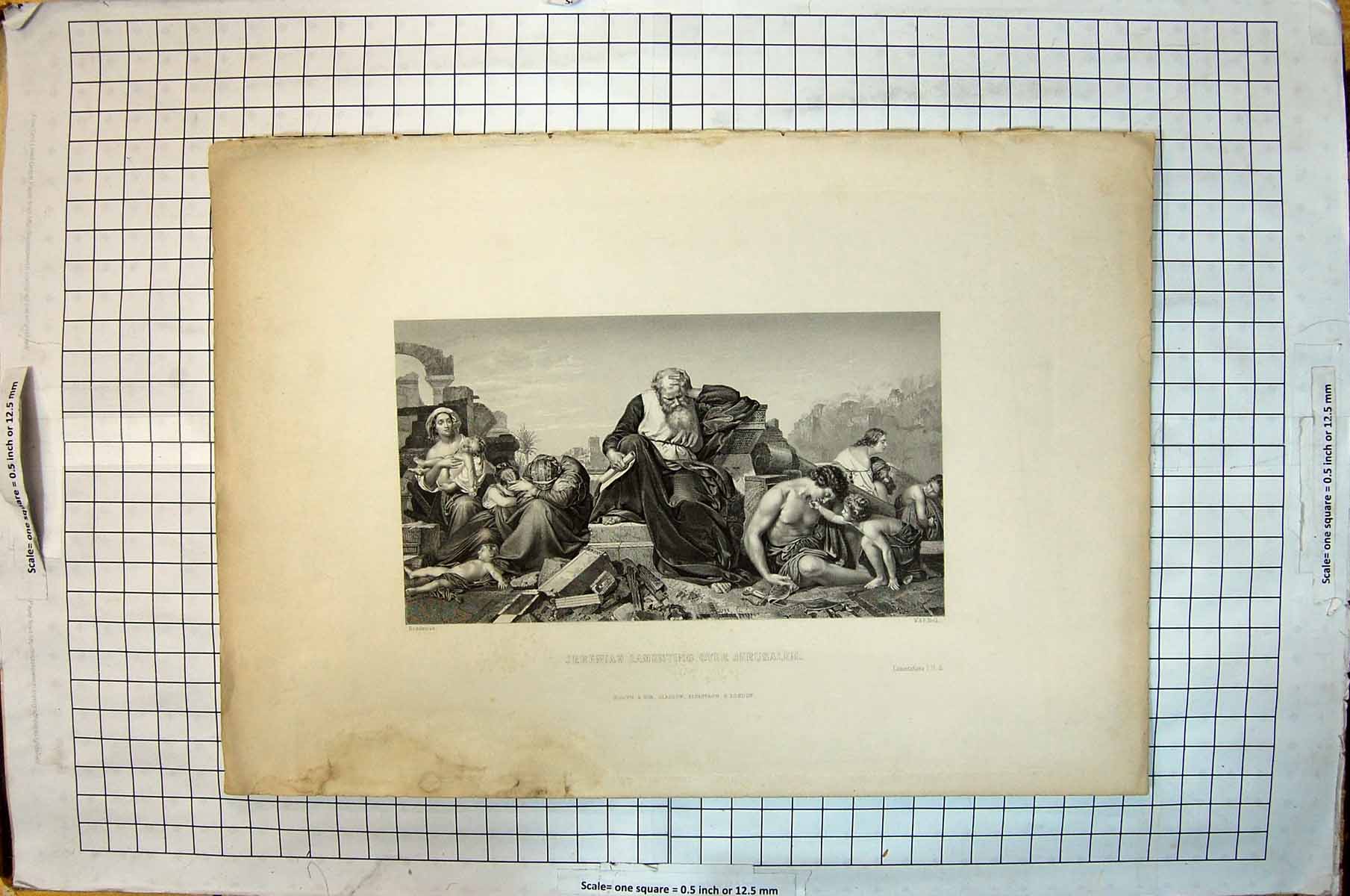 Antique Old Print Scene Jeremiah Lamenting Over Jerusalem Religious Family