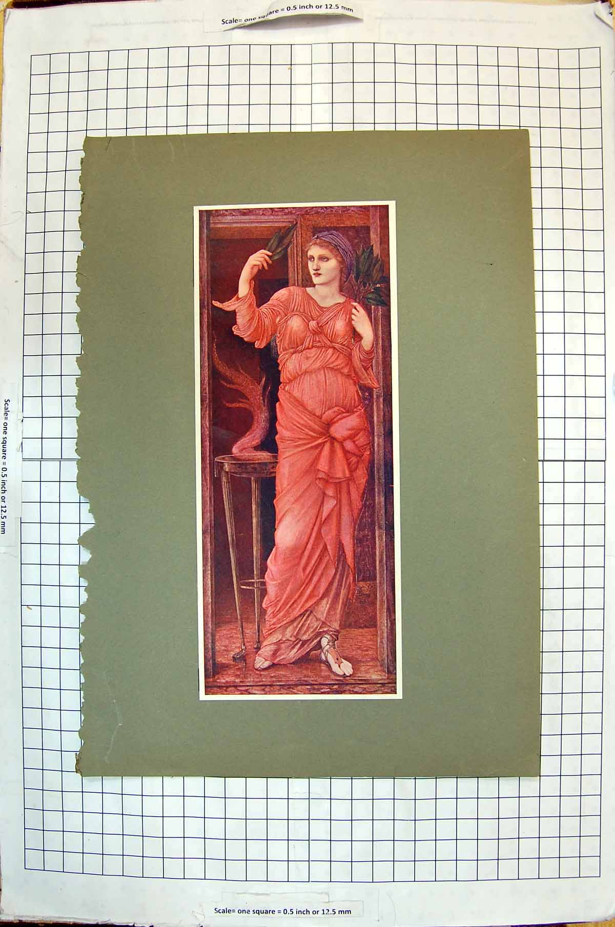 Original Old Antique Print Colour Beautiful Woman Leaves Fashion Dress