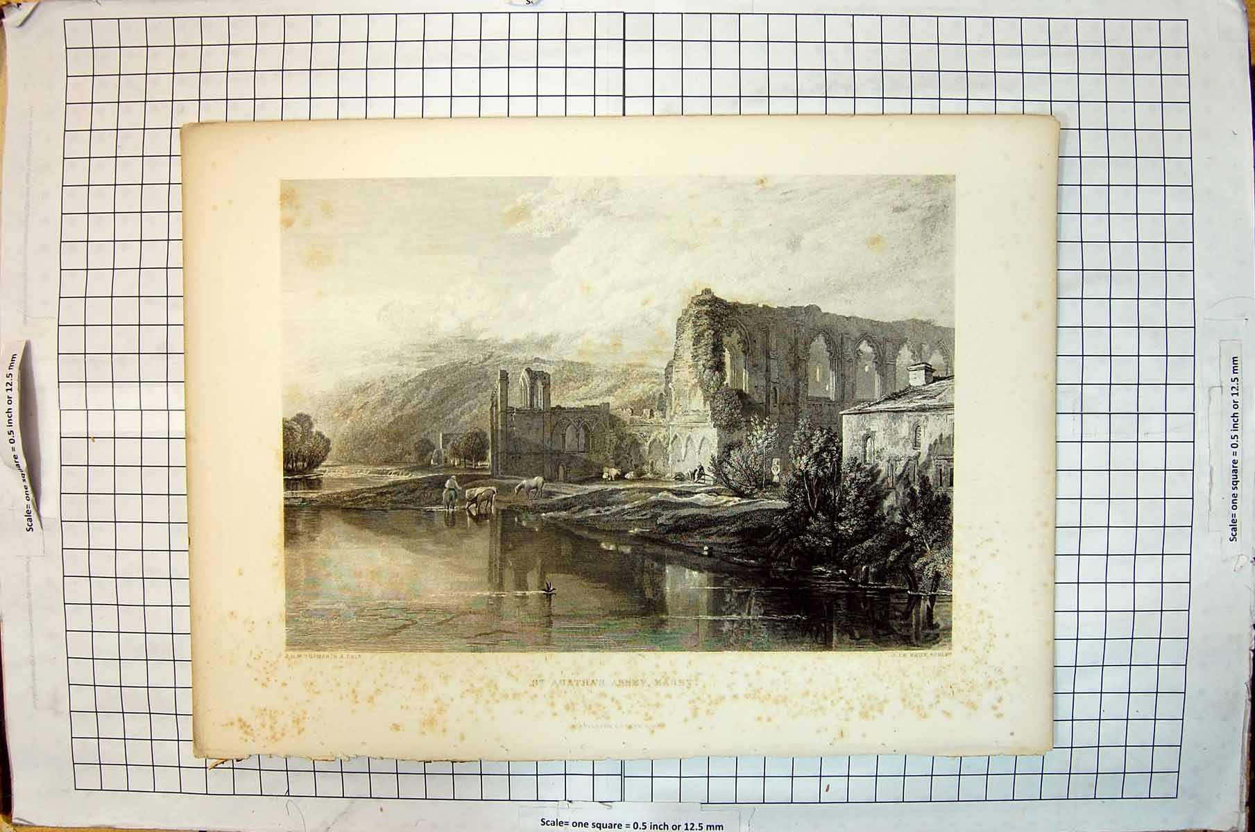 Old Engraving St. Agath'S Abbey Easby Ruins Architecture Keux Turner