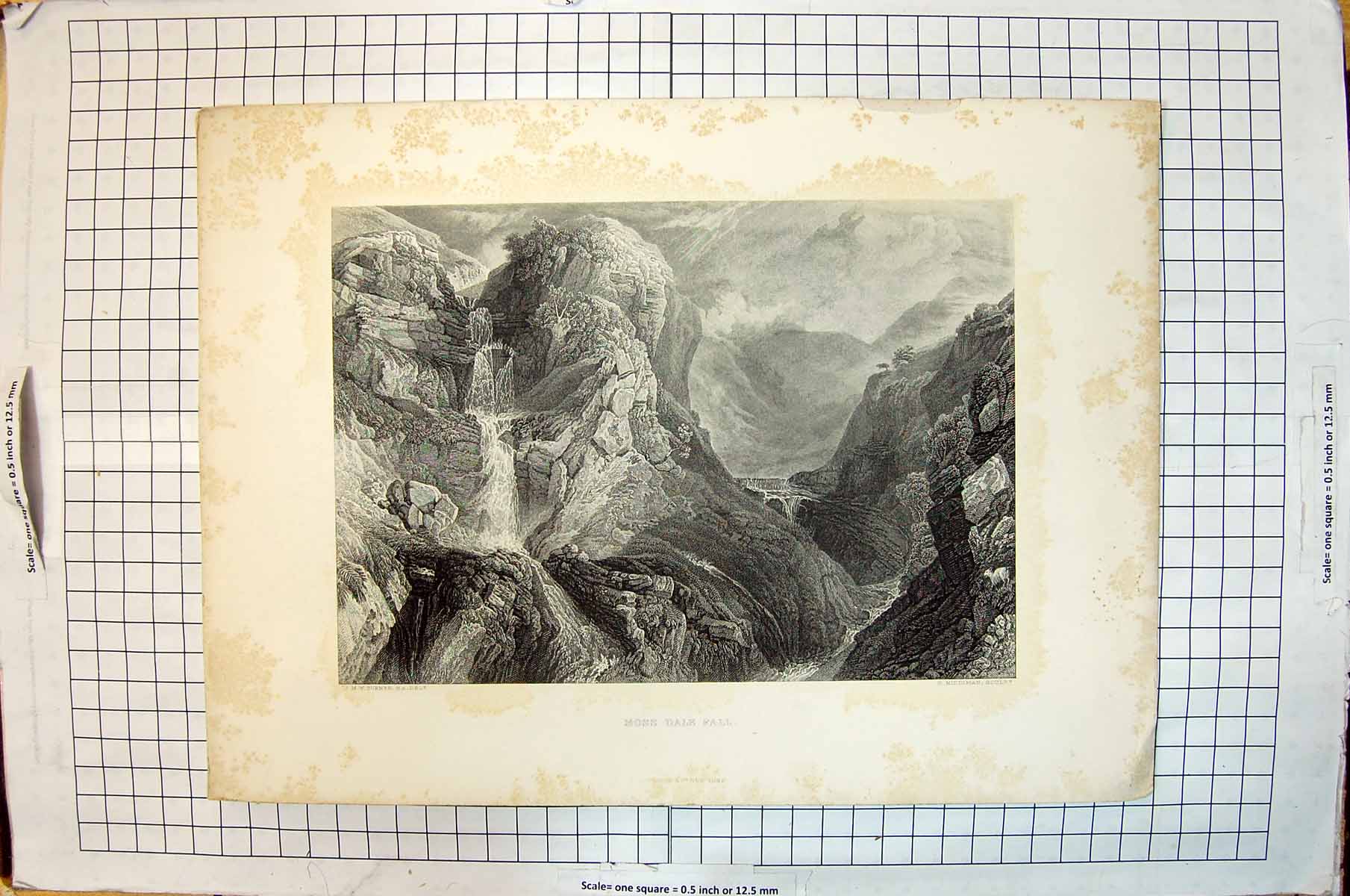 Old Antique Print Moss Dale Fall Mountains River Stream Middiman Turner
