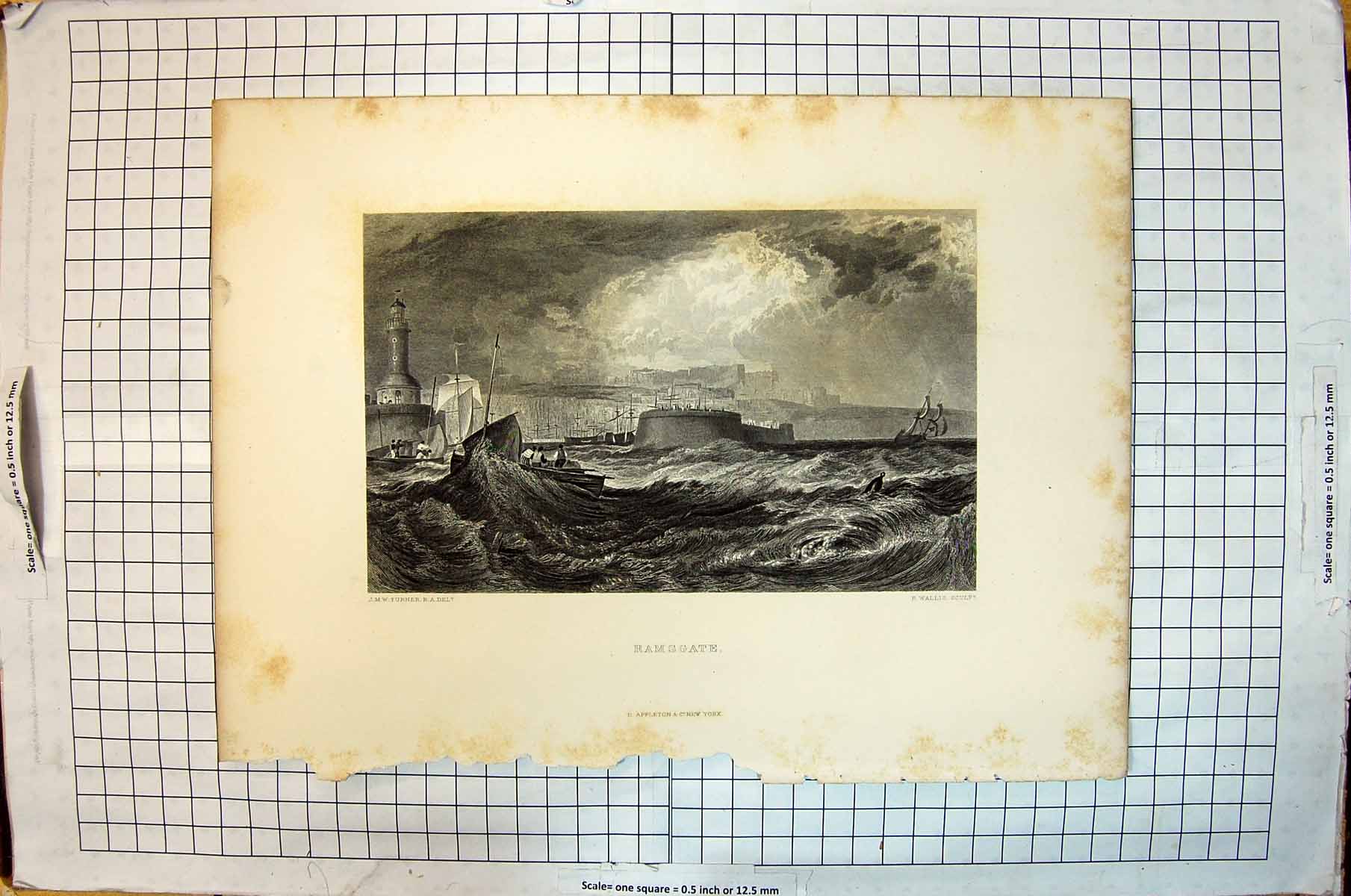 Antique Old Print View Ramsgate Ships Fort Lighthouse Engraving Wallis Turner