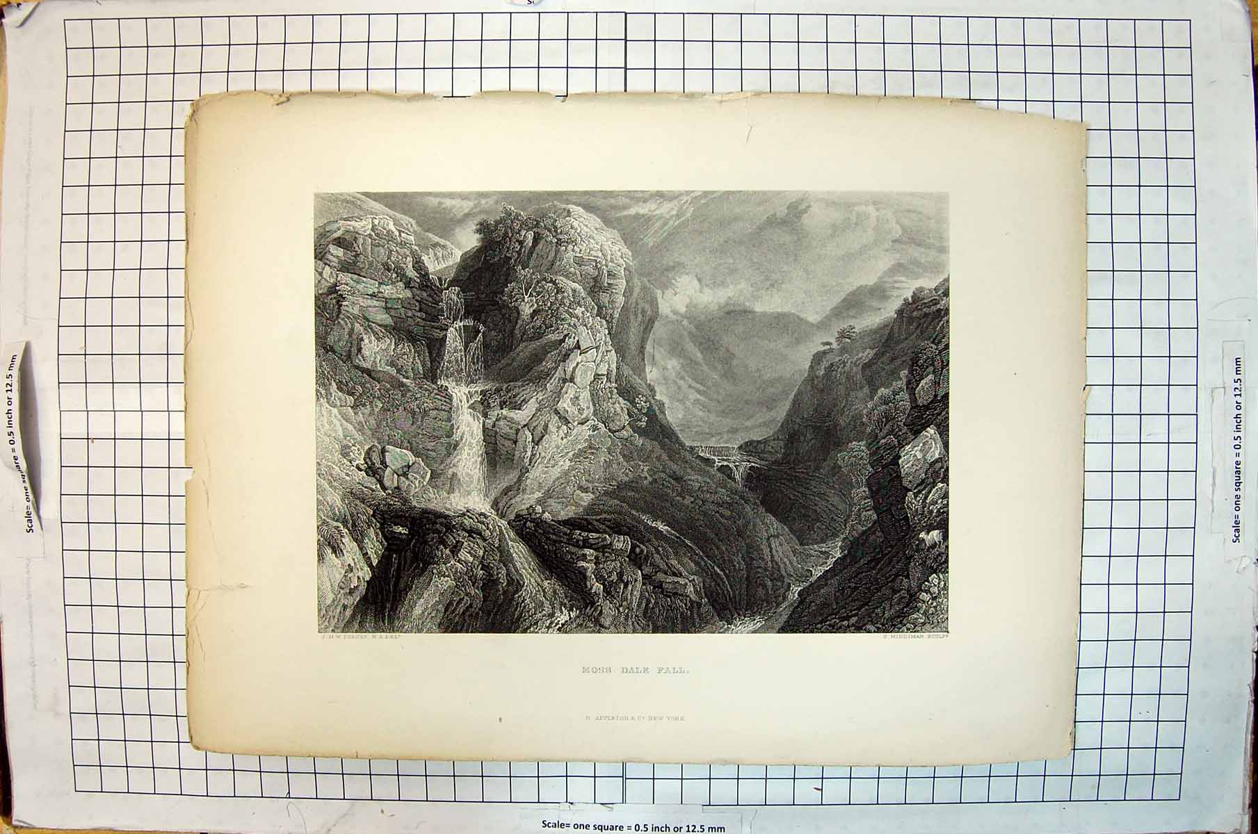 Old Print Engraving Moss Dale Fall Mountains River Cliffs Turner Middiman
