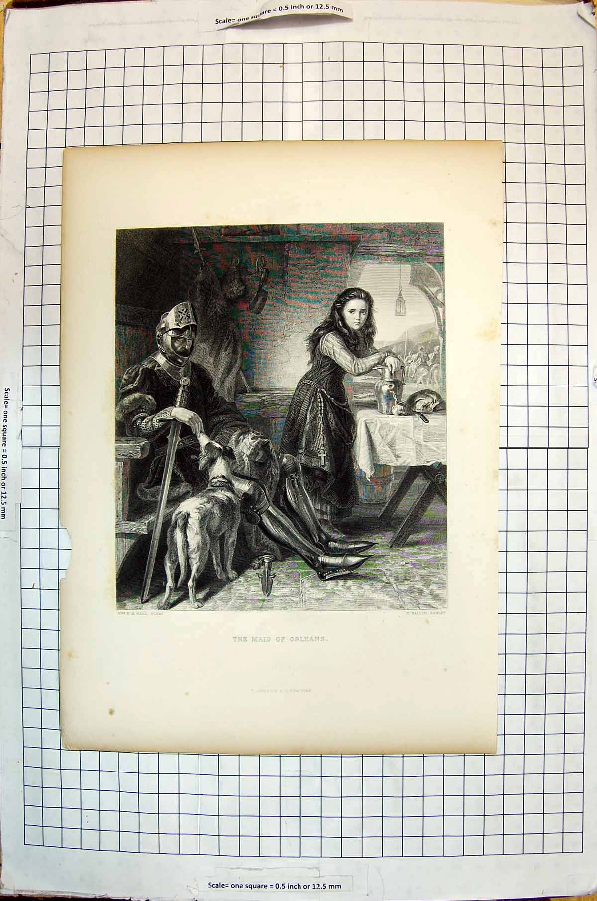 Original Old Antique Print Maid Orleans Man Armour Sword Dog Ballin Ward