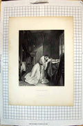 Original Old Antique Print Clarissa Harlowe Beautiful Woman Periam Landseer