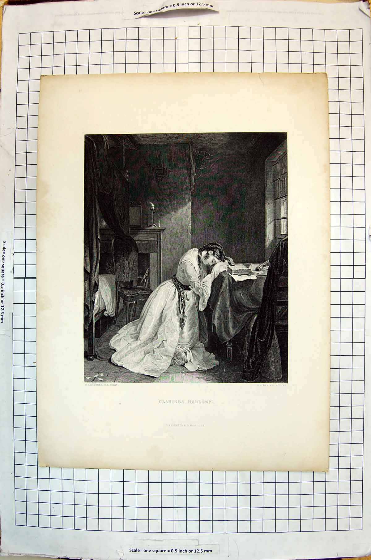 Original Old Antique Print Clarissa Harlowe Beautiful Woman Periam Landseer